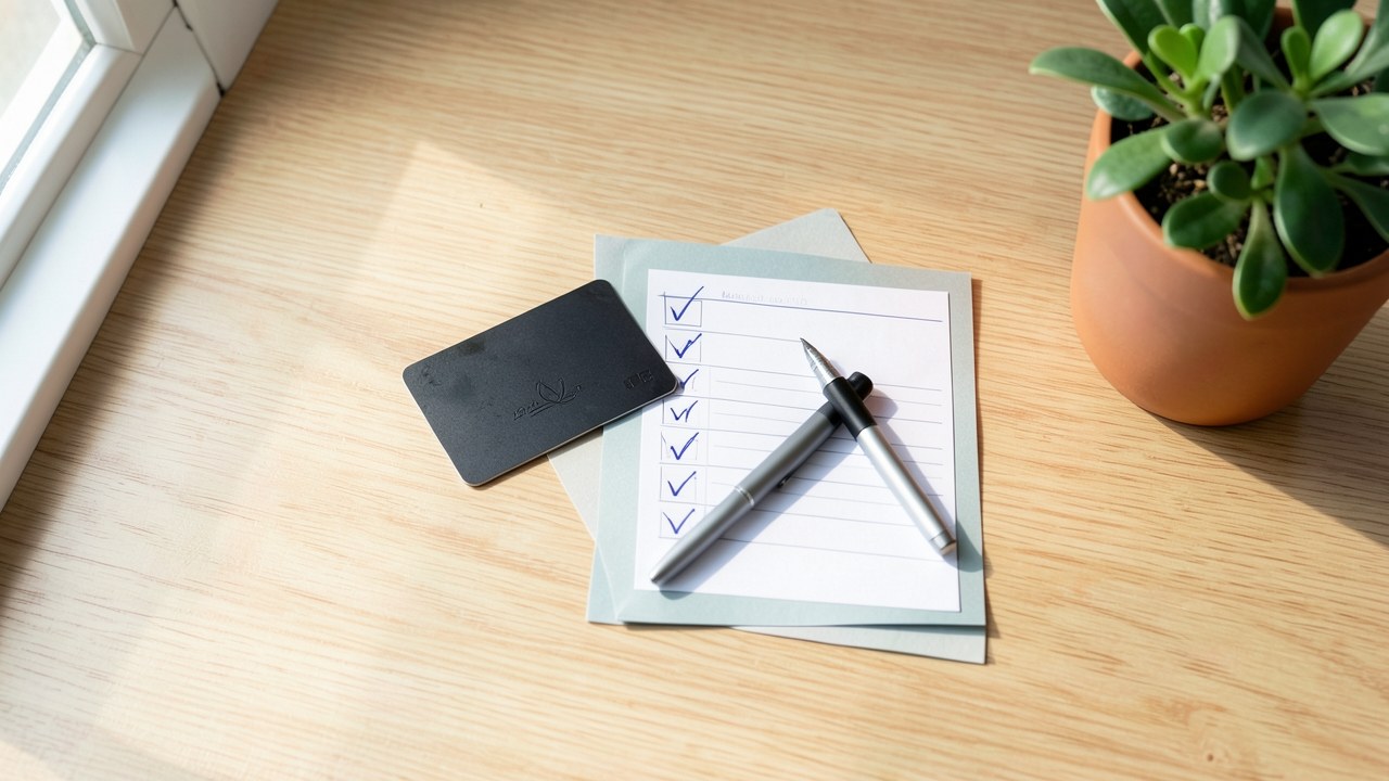 A clean desk with a credit card, a checklist, and a pen, symbolizing organized financial decisions.