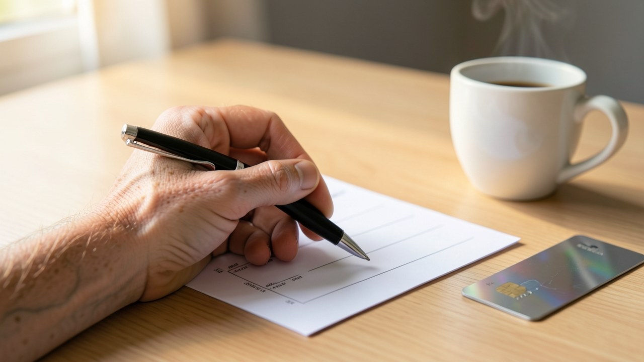 A hand holding a pen over a credit card application form on a clean desk.