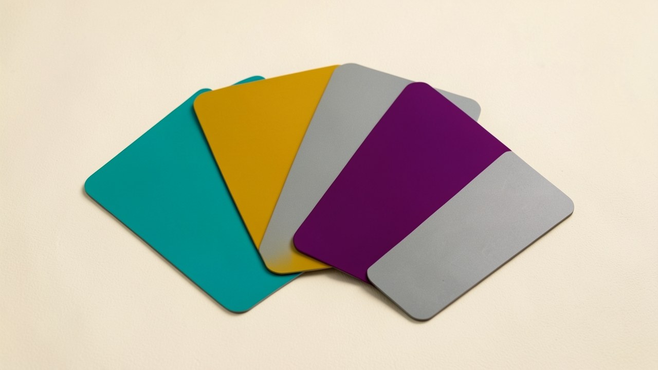 A fan of several different credit cards in various colors, arranged on a neutral background.