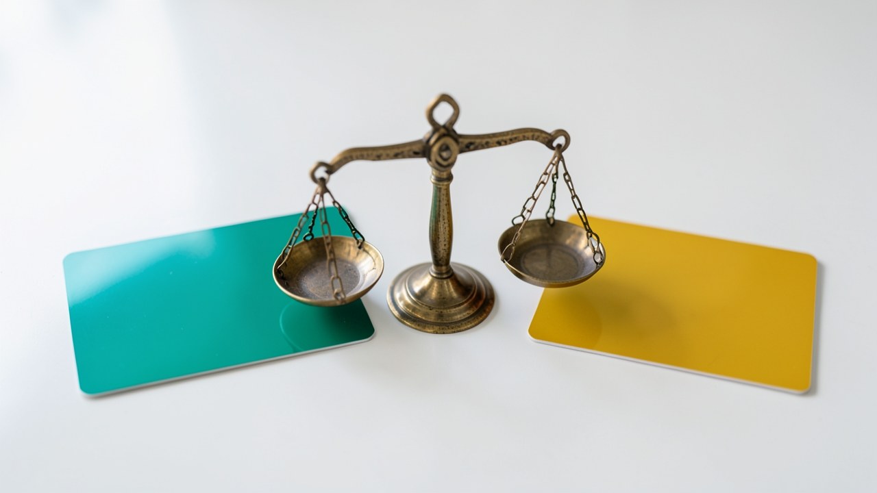 Two credit cards placed side by side on a table with a small scale model of a balance scale between them.