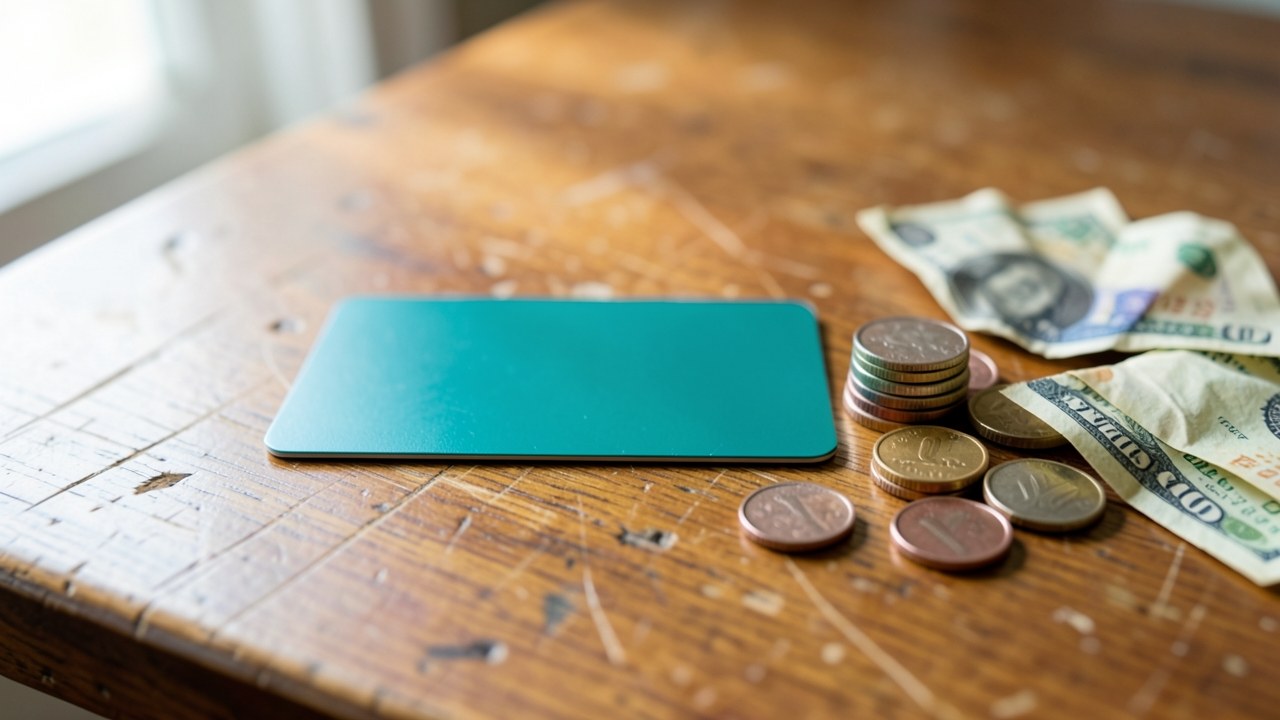 A credit card with a small pile of coins and a few dollar bills beside it, representing cashback rewards.