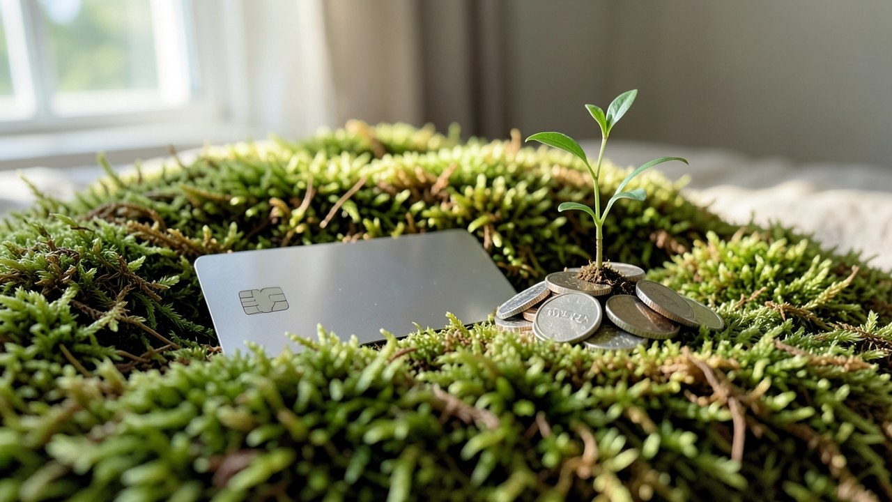A credit card with a small green plant growing out of a pile of coins, symbolizing saving money.