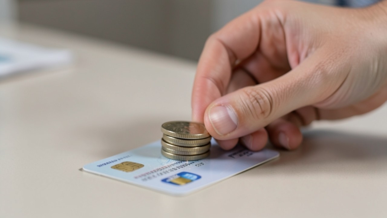 A hand moving a stack of coins from one credit card to another, symbolizing a balance transfer.