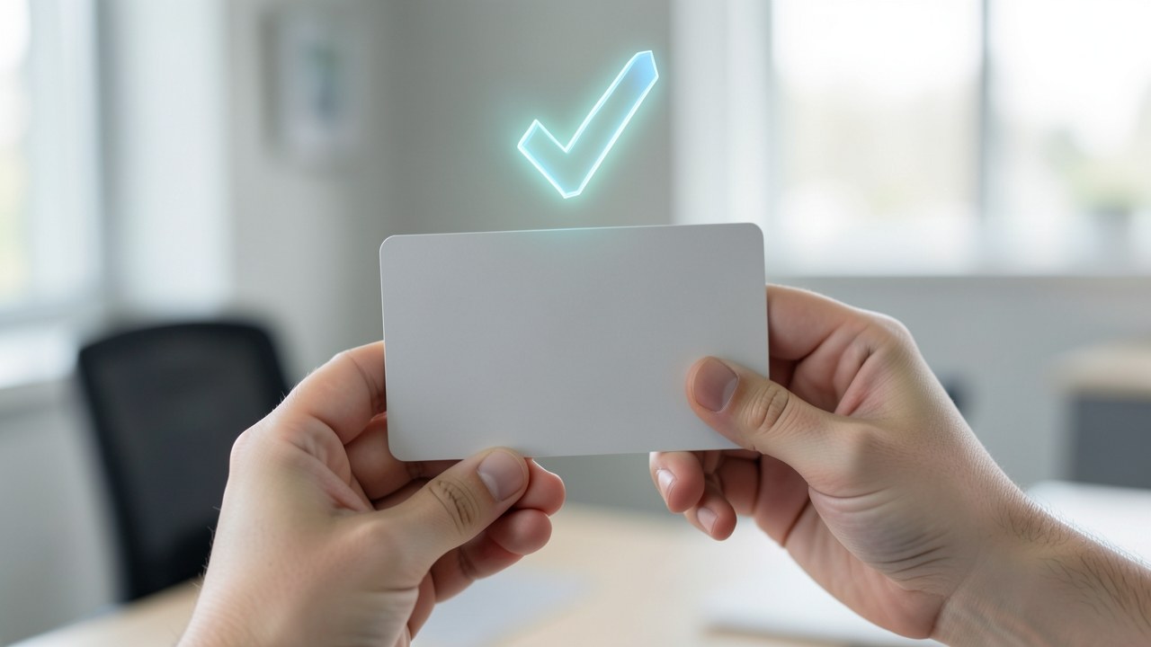 A hand holding a credit card with a checkmark hologram above it, symbolizing approval.