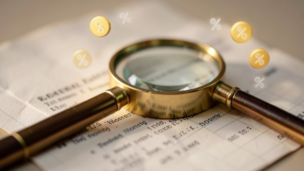 A magnifying glass over a credit card agreement, with small icons of coins and percent signs.