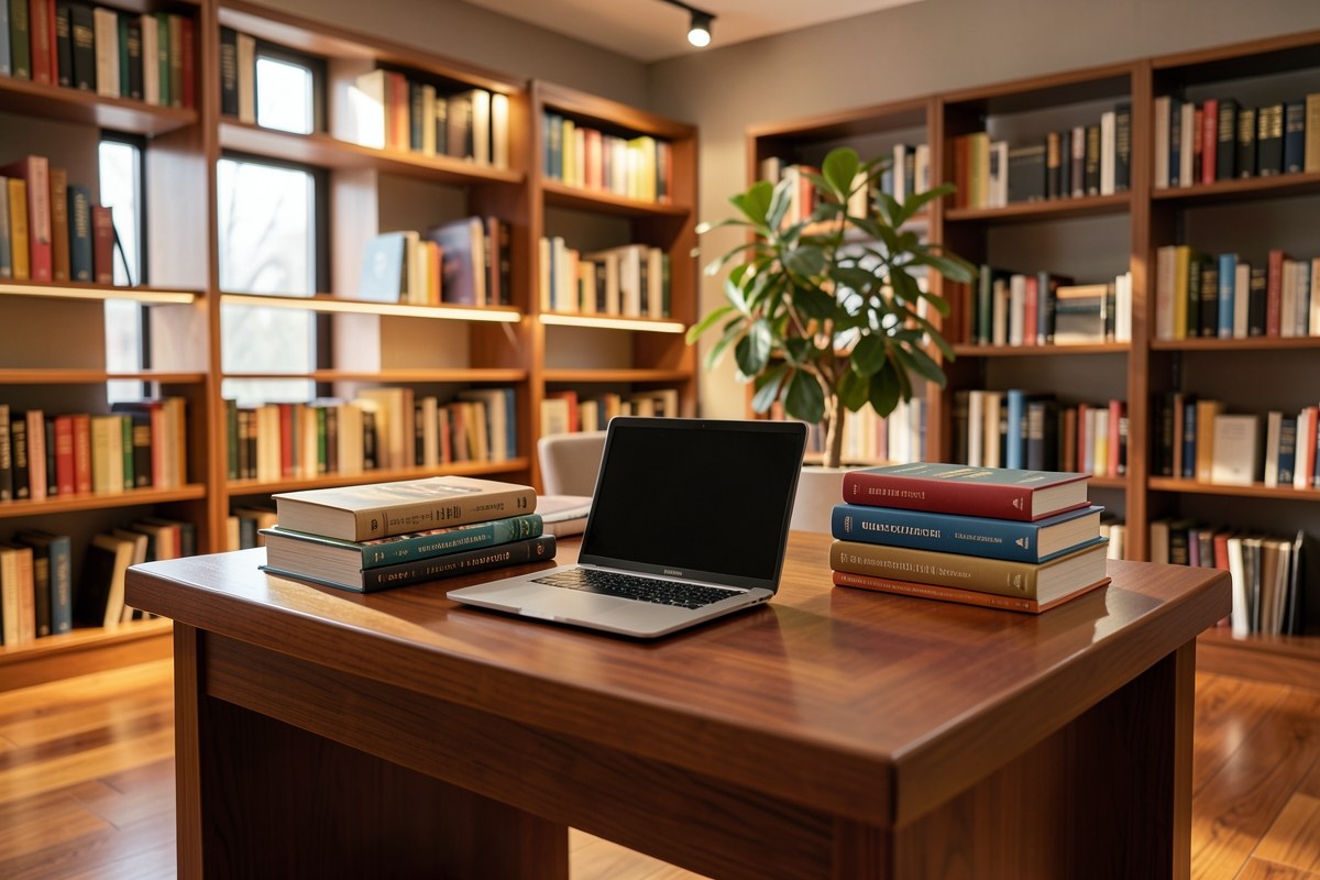 A clean, modern office library with a laptop and books, symbolizing an editorial team.