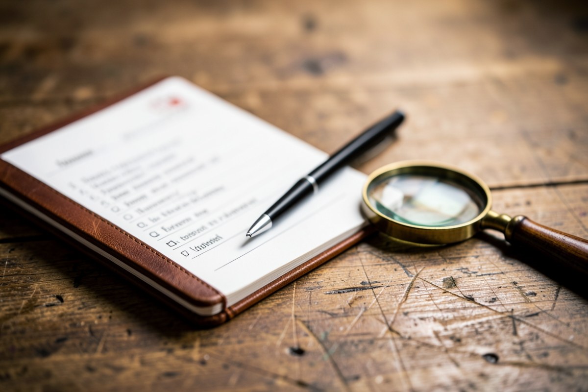 A pen and a notebook with a checklist and a magnifying glass, symbolizing editorial review.