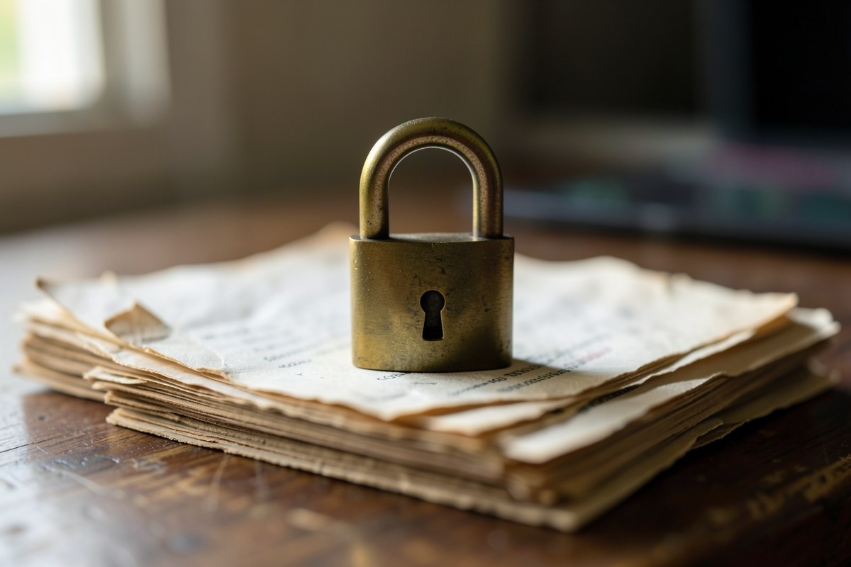 A padlock on a stack of papers, symbolizing privacy and data protection.