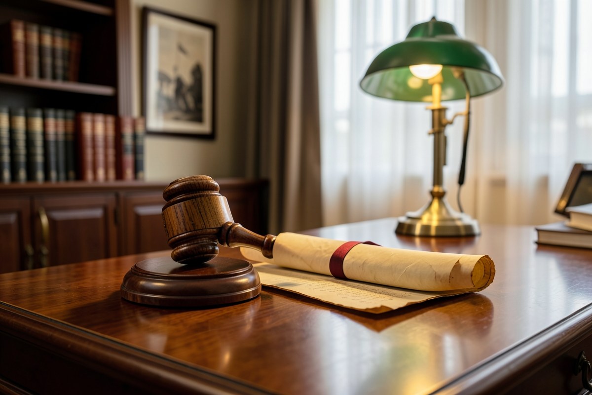 A gavel and a document on a desk, symbolizing terms and legal agreements.