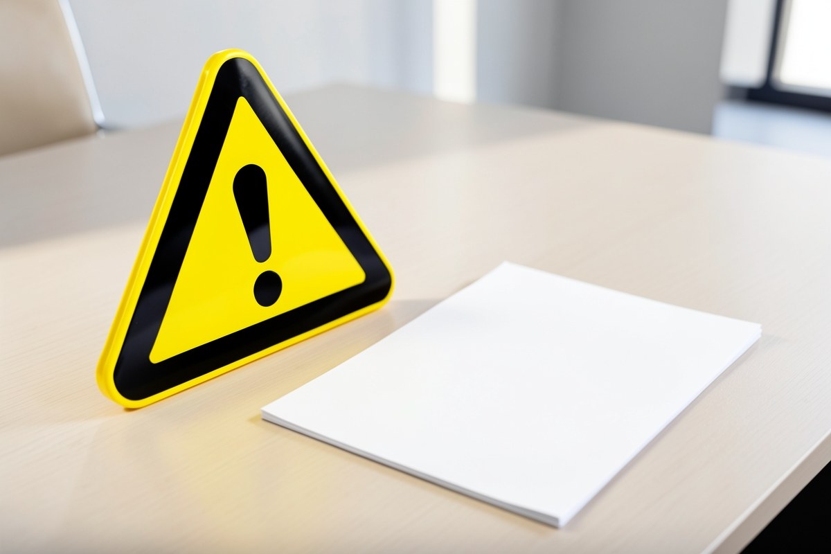 A warning triangle with an exclamation mark on a desk with a document, symbolizing a disclaimer.